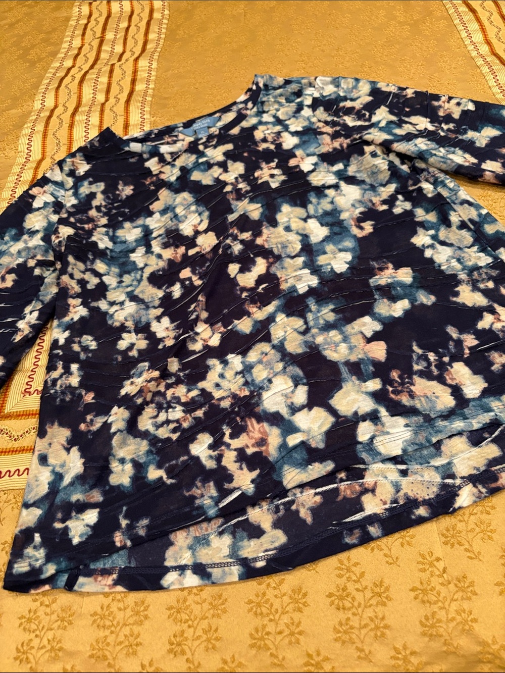 Vera Wang Gorgeous Navy Blue Floral Tie-Dye Long Sleeve Top, Polyester, XL